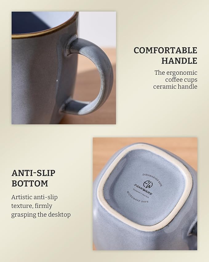 famiware Coffee Mugs Set of 6, Ocean Square 13oz Coffee Cup Set with Handle for Cocoa, Milk, Hot Chocolate, Tea, Water, Stoneware Cups for Kitchen, Microwave and Dishwasher Safe, Blue