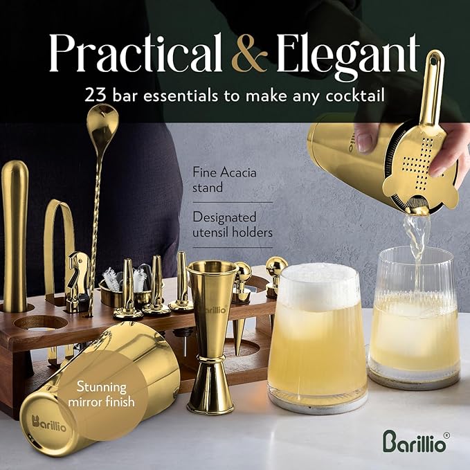 Barillio Gold Bartender Kit – 23-Piece Stainless-Steel Cocktail Shaker Set with Premium Acacia Stand | Martini Barware Mixing Tools for Home Bartending | Gift Set
