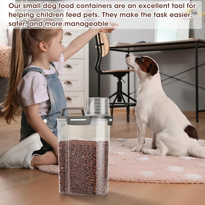 TBMax Small Dog Cat Food Storage Containers 2 Pack, Travel-Friendly Pet Food Container with Spout & Measuring Cup, Kid-Friendly Pet Feeding Dispenser, Portable Dog Treat Bird Seed Container -Grey