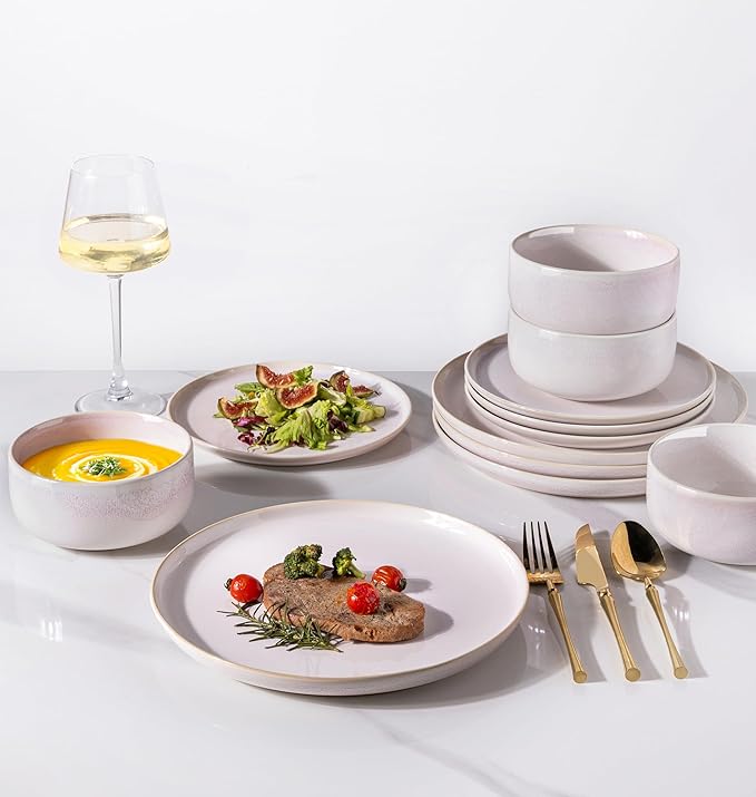 TheTerra Ceramic Dinnerware Sets for 4, 12 Pieces Handmade Reactive Glaze Plates and Bowls Set, Scratch Resistant Dish Set, Oven & Microwave & Dishwasher Safe, Primrose Pink