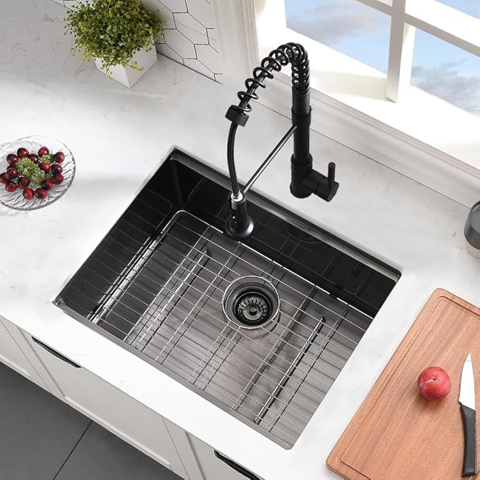 24 Inch Undermount Kitchen Sink Black 16 Gauge Stainless Steel Workstation Single Bowl Kitchen Sink Under Counter 10 Inch Deep Basin