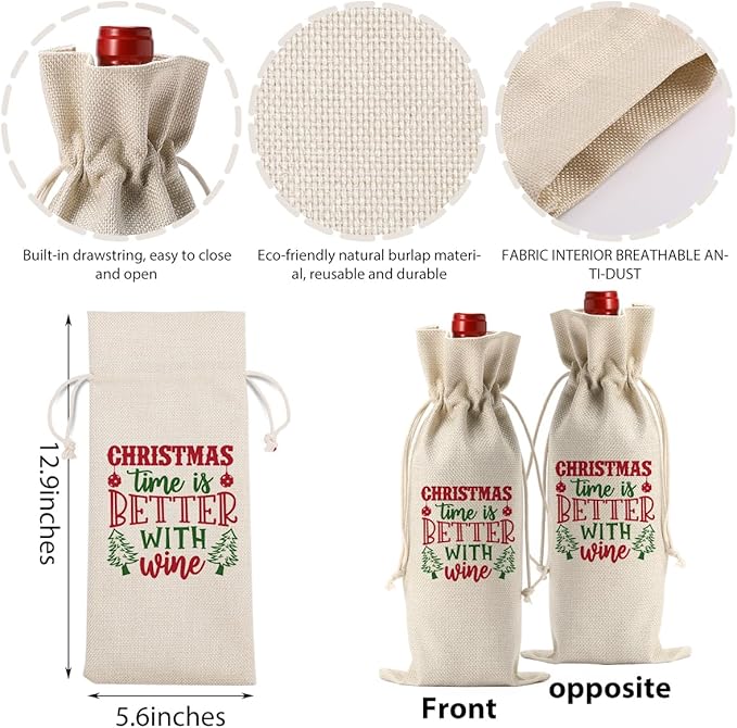 FBCCZEY Christmas Wine Bag Merry Christmas Wine Bottle Gift Bags With Drawstring Xmas Party Decorations Gifts for New Year Holiday Wedding Parties Time Is Better With Wine Bottle Wraps Bags