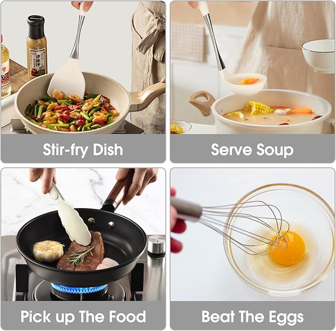 Premium White Silicone Cooking Utensils Set-Non-Toxic, Heat Resistant, BPA Free Kitchen Utensils Set with Spatula, Spoon, Whisk & Tongs-Non-Stick& Dishwasher Safe for Nonstick Cookware
