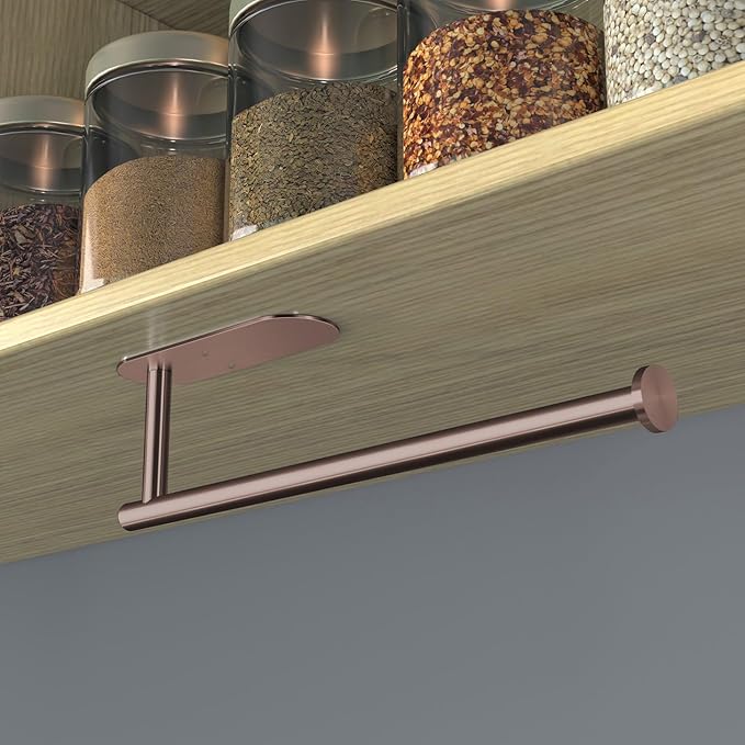 VAEHOLD Adhesive Paper Towel Holder Under Cabinet Wall Mount for Kitchen Paper Towel, Black Paper Towel Roll Holder Stick to Wall, Stainless Steel (Rose Gold)