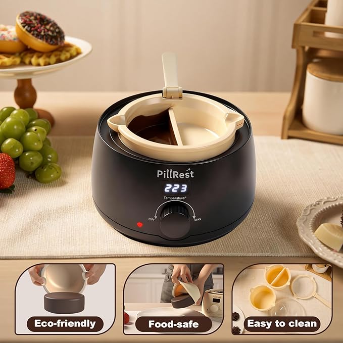 Chocolate Melting Pot, Electric Candy Melter with 2 Non-Stick Silicone Bowls, Digital Display for Real-Time Temperature Control, Fondue Warmer Set for Dipping Chocolate, Cheese, Candy & Cake Pop