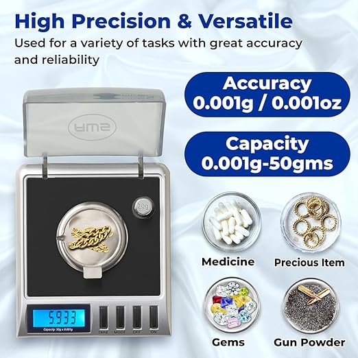 AWS Gemini-50 Milligram Scale 50g x 0.001g – Digital Jewelry/Lab Scale for Powder, Gold, Gems – Includes Calibration Weights, Tweezers & Tray – Tare, Cal, 6 Units, Pocket Size Mg Scale (Black)