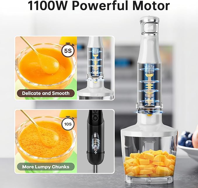 Immersion Blender Handheld Corded Hand Blenders Set 1100W, Trigger Variable Speed 5 in 1 Stick Emulsifier with Chopper, Whisk and Frother for Soup, Baby Food and Smoothies, White