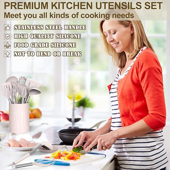 Umite Chef Silicone Kitchen Cooking Utensil Set, 43 pcs Spatula Set with Stainless Steel Handle, Non-stick Heat Resistant - Best Cookware Set-(Khaki)