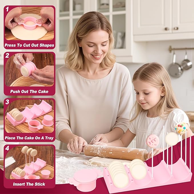 Silicone Cake Pop Mold Set, Round Cake Pop Cutter with Pusher, Tray and 50 Sticks, 15-Hole Cake Pop Holder, DIY Baking Molds Kit for Parties, Wedding, Home Desserts Making - Pink