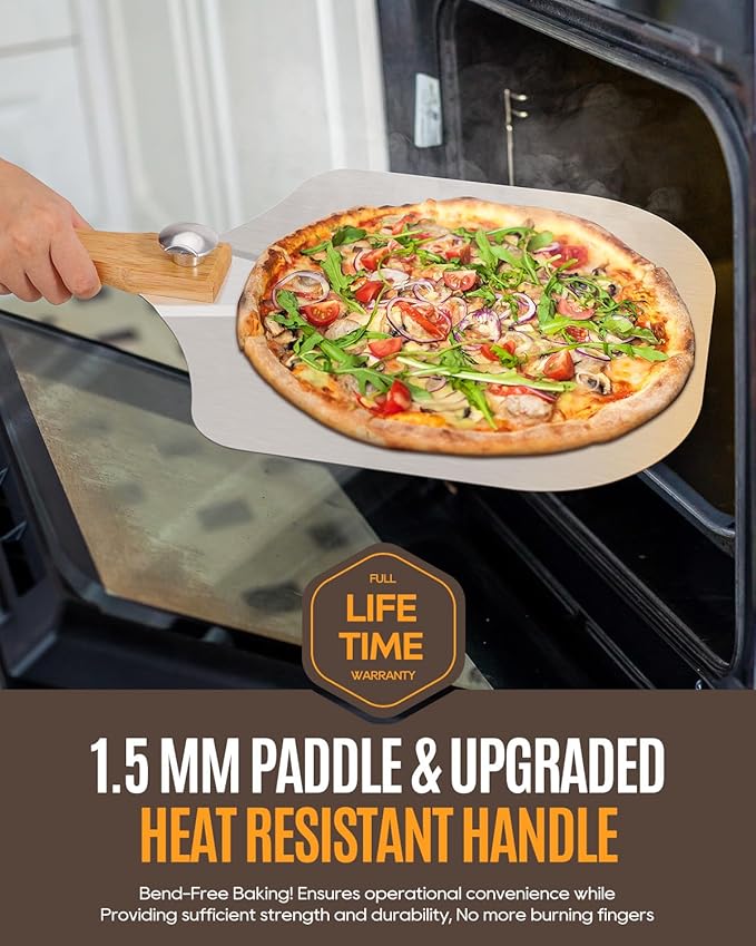 Pizza Peel Aluminum Pizza Spatula Set, 12 x 14 Inch Metal Pizza Paddle with Foldable Wooden Handle, Pizza Rocker Cutter, Pizza Server, Pizza Oven Accessories for Baking Homemade Pizza Bread