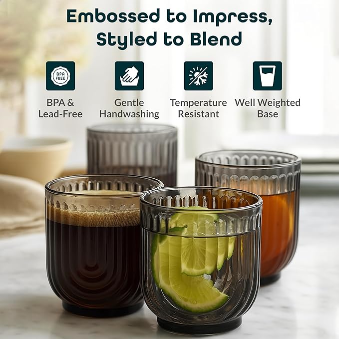 Glaver's Double Old Fashioned Rock Glasses, Set of 4 Smoke Black Whiskey Glasses, 11 oz Art Deco U-Shape Design Embossed Everyday Home Bar Glassware. Art Deco Elegant Kitchen Drinking Glasses.