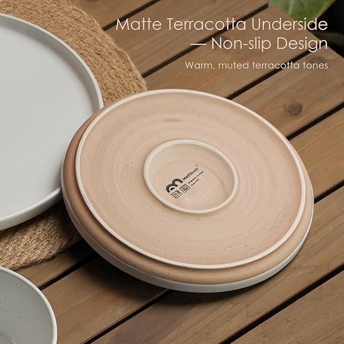 24 Pieces Farmhouse Stoneware Dinnerware Set for 8, Speckled Ceramic Plates and Bowls Set, Matte Terracotta Underside Ceramic Dish Set Scratch Resistant Microwave Dishwasher Safe (Glacier White)