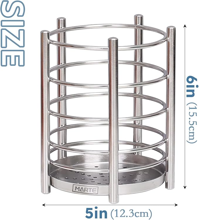 Utensil Holder for Kitchen Counter - 6.1" X 4.8" Large Metal Cooking Utensil Crock Stainless Steel Utensil Holder Container Canister Spatula Spoon Caddy Organizer-Brushed- Heavy Base, Silver