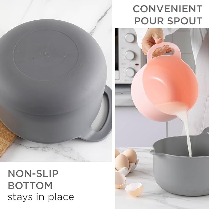 COOK WITH COLOR Nesting Plastic Mixing Bowl Set with Pour Spouts and Handles, Pink, 4 Piece Non-Slip