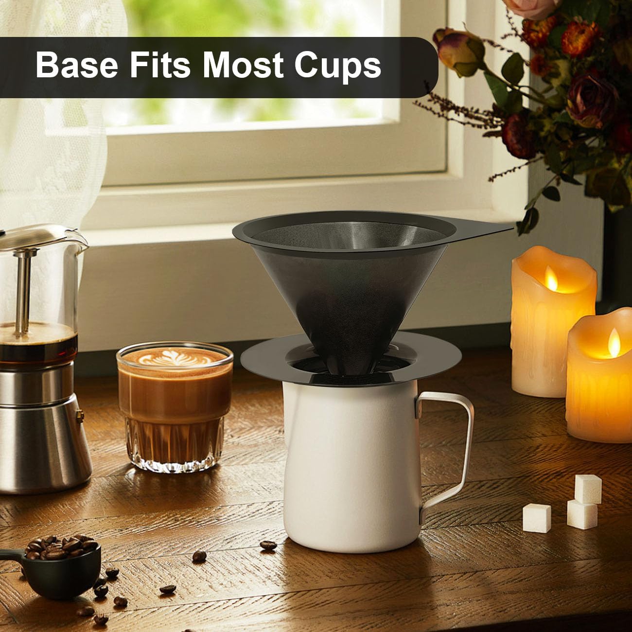 LHS Pour Over Coffee Dripper Reusable Coffee Filter Paperless Coffee Filter Stainless Steel Pour Over Coffee Maker Cone Coffee Dripper for 1-2 Cup,Black