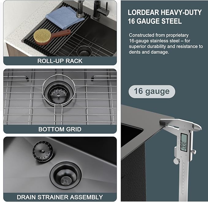 Lordear 25 Drop In Laundry Sink Black 25"x22"x12" Deep Laundry Utility Sinks Topmount Single Bowl Sink 16 Gauge Stainless Steel Laundry Room Sinks