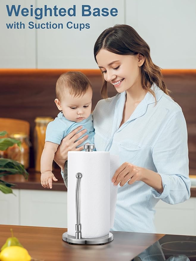 SMARTAKE Paper Towel Holder, Paper Towel Dispenser Standing Weighted Base Non Slip, Spring Arm for Easy Tear, Stainless Steel Paper Towel Holder for Home Kitchen Countertop Tabletop, Silver