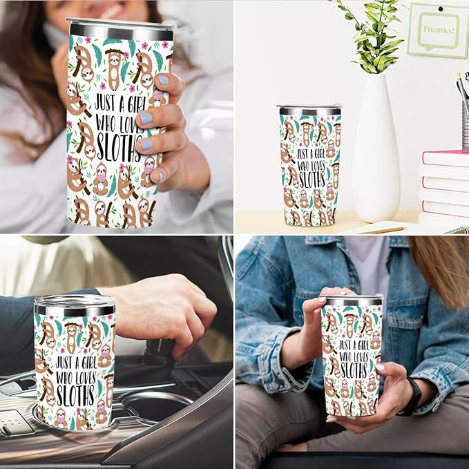 Cute Sloth Print Tumbler, Sloth Gifts 20 oz Stainless Steel Coffee Mug，Travel Cup，Insulated Cup with Lid for Car, Perfect Gifts for Women Sloths Lover Bestie Sister Christmas Birthday
