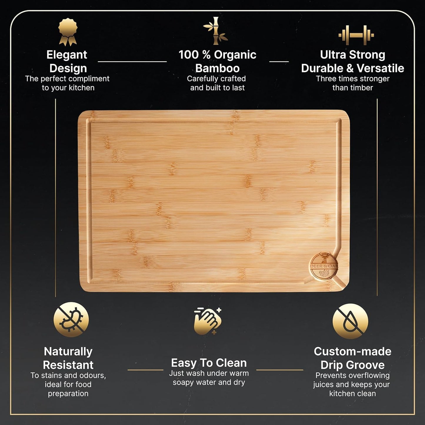 Deer & Oak Premium Extra Large Bamboo Cutting Board - 17.3" x 11.8" x 0.8" Wooden Chopping Board for Meat and Vegetables, Pre-Oiled, Water Resistant, Knife Friendly