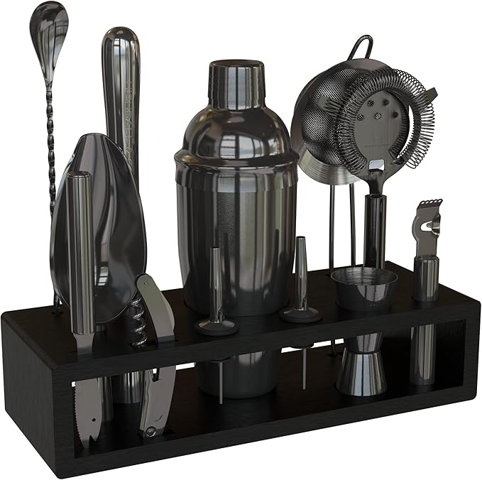 Highball & Chaser 13-Piece Cobbler Cocktail Shaker Set: Black Polished Stainless Steel Bartender Kit for Home Bar Set | Laser Engraved Tools Plus E-Book with 30 Recipes