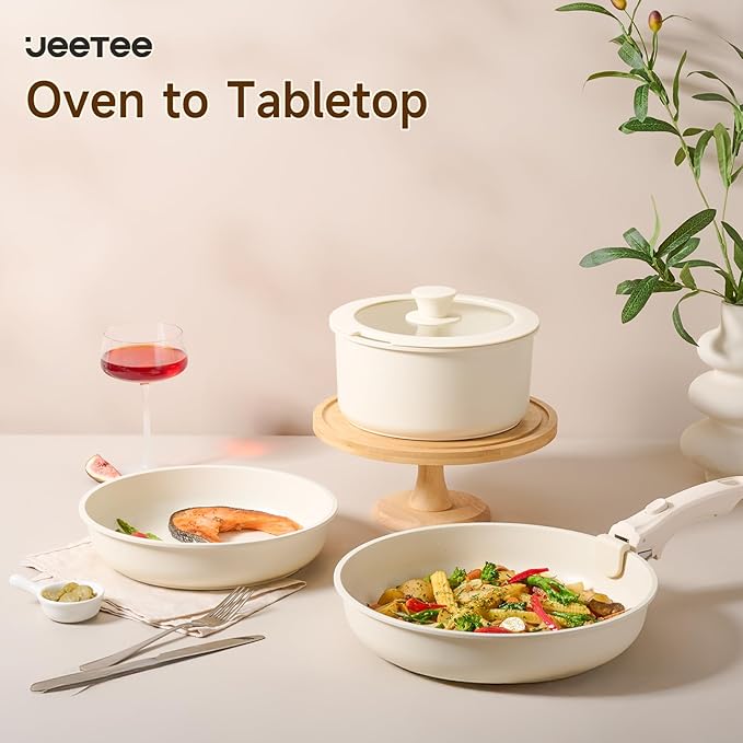 JEETEE Pots and Pans Set Non Stick 19pcs, Kitchen Cookware Sets with Detachable Handle, Induction Nonstick Cookware Set with Removable Handle, Stackable RV Cookware, Oven Safe, PFAS/PFOA Free, Beige