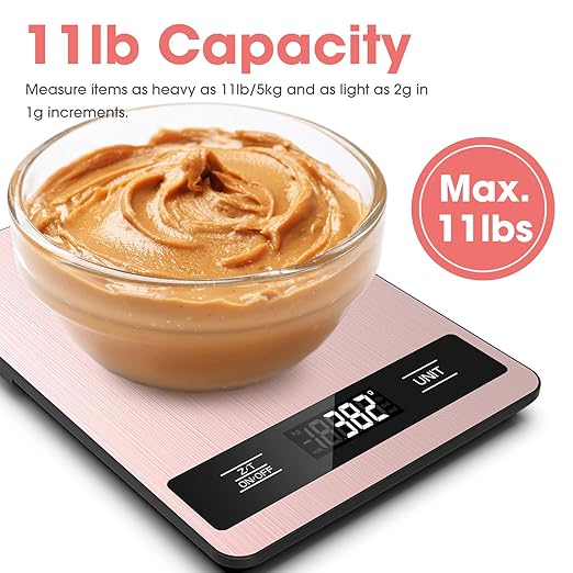 Food Scale, 11lb Digital Kitchen Scale Weight Grams and Ounces for Baking, Cooking and Meal Prep, 1g / 0.1oz Precise Graduation with 6 Units and Tare Function, LCD Display & Stainless Steel