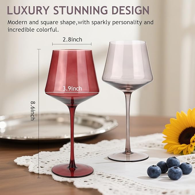 Colored Wine Glasses Set of 6, Large 16oz Hand Blown Crystal Wine Glassware, Stemmed Colorful Wine Glasses - Red & White, Modern & Elegant for Friends,Family,Wedding,Anniversary,Christmas,Birthday