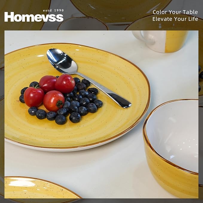 Highland 16-Piece Dinnerware Set Service for 4, Organic Shape Stoneware Plates and Bowls Set, Scratch Resistant, Microwave and Dishwasher Safe, Speckled Effect Handcrafted, Swirl Yellow