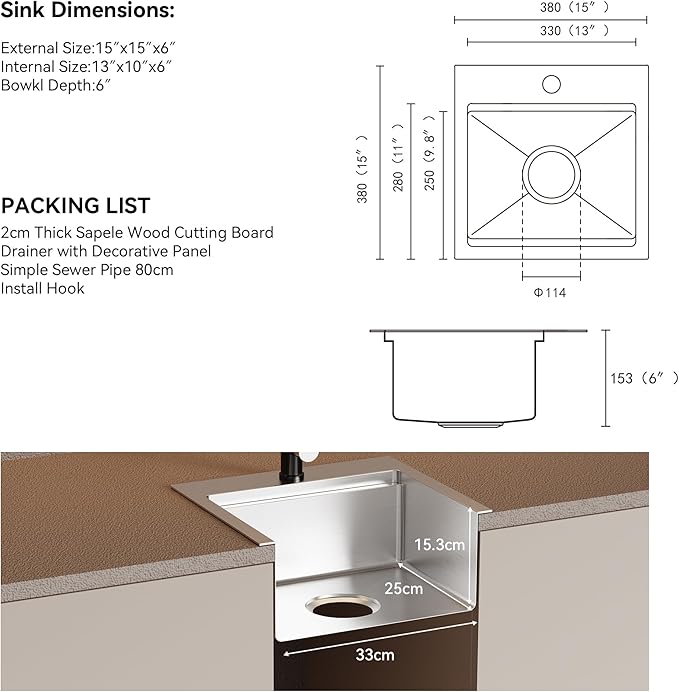 TORVA Kitchen Bar Sink, 15x15 inch RV Kitchen Sink, 16 Gauge Stainless Steel Topmount Single Bowl Sink with Cutting Board - 6 Inches Deep Bar/Prep Basin