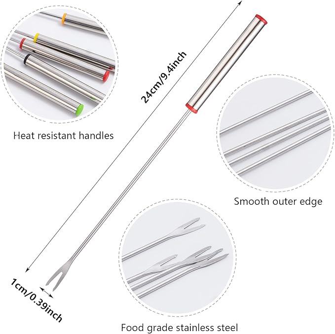 12PCS 9.5 Inch Color-Coded Stainless Steel Fondue Forks, Cheese Fondue Fork Stainless Steel Fruit Fondue Cheese with Heat-blocking Handle for Chocolate Fountain Cheese