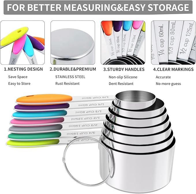 TILUCK Measuring Cups and Spoons Set, Stainless Steel, Kitchen Utensils for Cooking and Baking (12, Colorful)