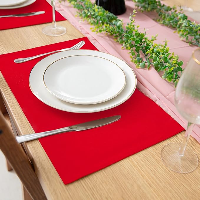 Linen Type Fabric Placemats Set of 4, Machine Washable, Heat Resistant, Wrinkle Free Thick Polyester Kitchen Place Mats for Dining Table (Red)