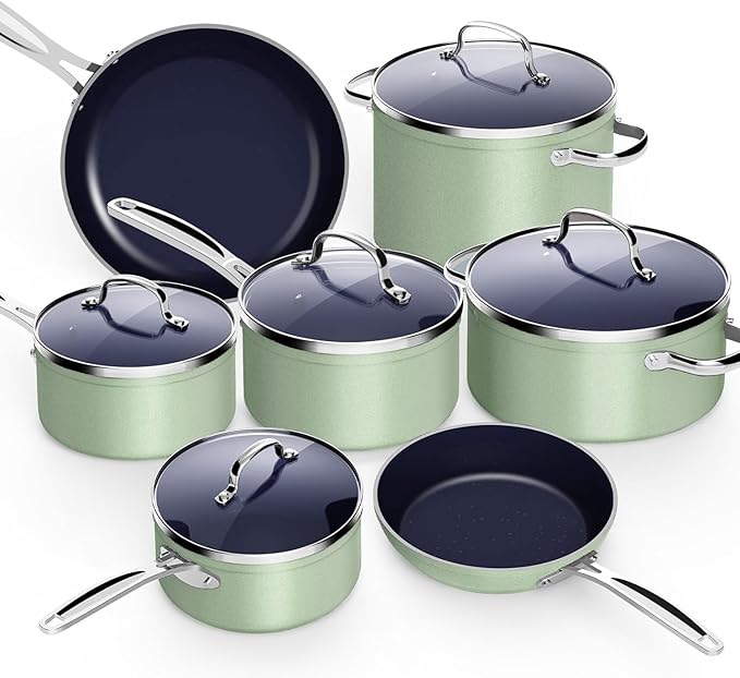 Nuwave 12pc Forged Lightweight Cookware Set, G10 Healthy Duralon Ceramic Ultra Non-Stick Coating, Vented Tempered Glass Lids, Stay-Cool Handles, Induction-Ready & Works on All Cooktops, PFAS Free