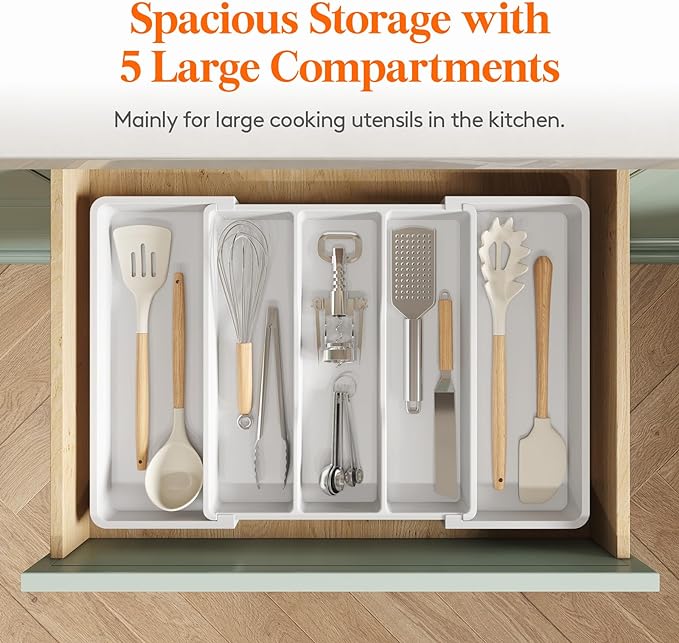 Lifewit Utensil Organizer for Kitchen Drawers, Expandable from 13‘’ to 22.4'', 15'' Depth, Plastic Cutlery Silverware Flatware Holder, Spatula Tools and Gadgets Storage, Large, White