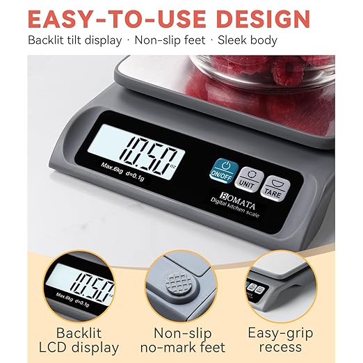 BOMATA 0.1g/ 13lb Food Scale, Digital Kitchen Scale with Removable Stainless Steel Pan, Backlit LCD Display, for Cooking, Baking B621 Grey