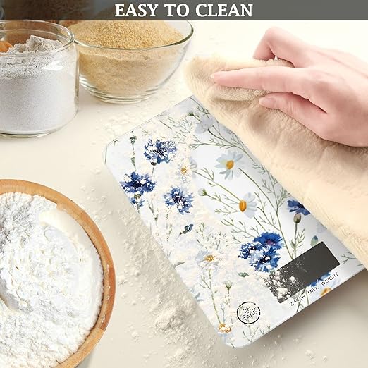 Food Scale Kitchen Digital Scale Food Ounces and Grams Dieting Baking Cooking Waterproof Glass Panels LCD Display,4 Units Scale Tare Function Daisy White