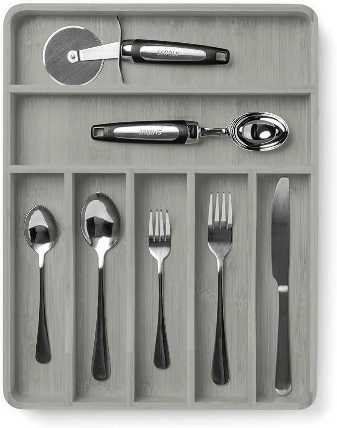 SMIRLY Silverware Drawer Organizer – Bamboo Kitchen Drawer Organizer, Adjustable Utensil Holder and Cutlery Tray, Drawer Dividers for Flatware and Kitchen Utensils