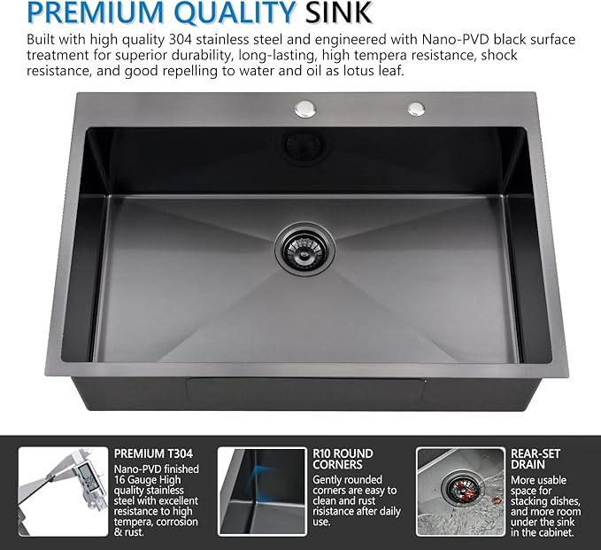 33 Inch Drop In Black Kitchen Sink, Doirteal 33 x 22 x 10 Inch 16 Gauge Stainless Steel Single Bowl Kitchen Sinks Topmount Kitchen Sink Single Basin With Bottom Grid