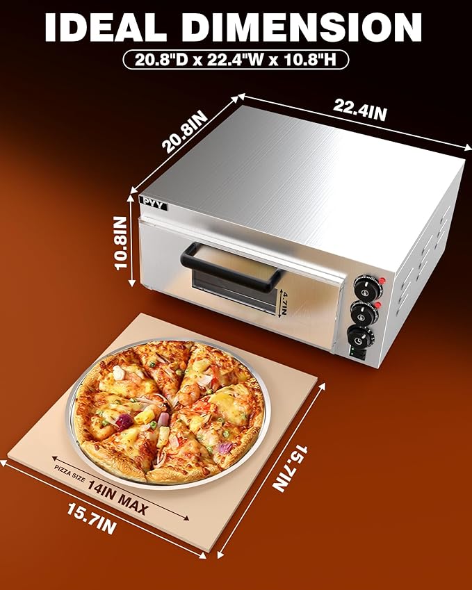 PYY Electric Pizza Oven - Indoor Countertop Pizza Ovens with Visual Window, 14 Inch 1800W Commercial Pizza Cooker with Pizza Stone and Timer, Silver