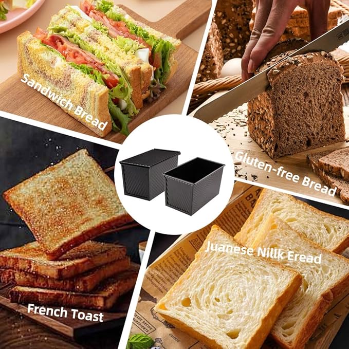 2 Pack 9 * 4 Inch Pullman Loaf Pan with Lid, 1 lb Dough Capacity Non-Stick Bread Loaf Pan,Carbon Steel Coating Bread Toast Box for Bakeware Homemade Sandwich and Sourdough Oven Baking