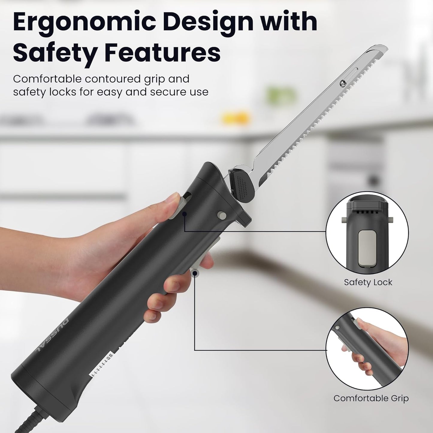 DUSSAL Electric Knife, Electric Bread Knife with 4 Stainless Steel Blades, Safety Lock Switch, Blade Release Buttons, On/Off button, Cutting Meats, Fish, Poultry, Bread, Cheese & More (Black)