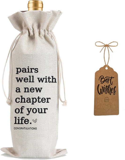 Julont 1Pcs New Chapter Wine Bag New Beginning New Business Owner Gifts Wine Bag, Pairs Well With a New Chapter of Your Life with 1Pcs Kraft Blessing Cards and natural jute rope