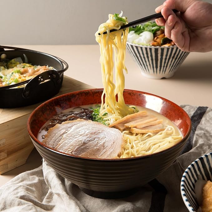 NUTRIUPS 8 Inch Ceramic Ramen Bowl Set of 2 Pho Bowls 40oz Japanese Noodle Udon Soup Bowls with Spoons and Chopsticks (Rusty Red Brown)