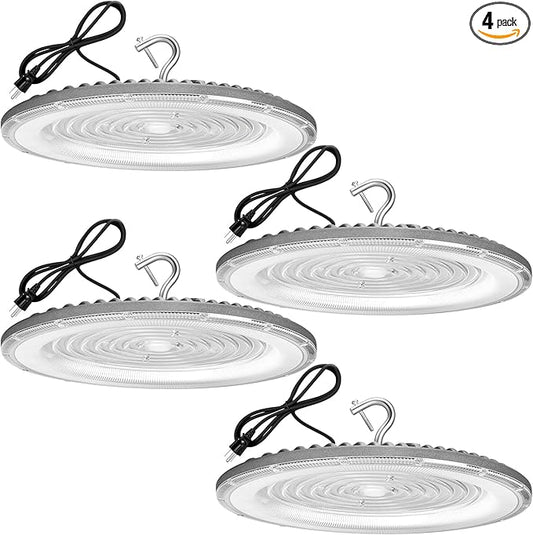 4 Pack 300W UFO Led High Bay Light,120VAC,5000K Daylight Commercial Bay Lighting,IP66 Waterproof,45050LM,1300W MH/HPS with Plug Area Lighting for Warehouse/Shop/Workshop/Barn/Gym/Factory