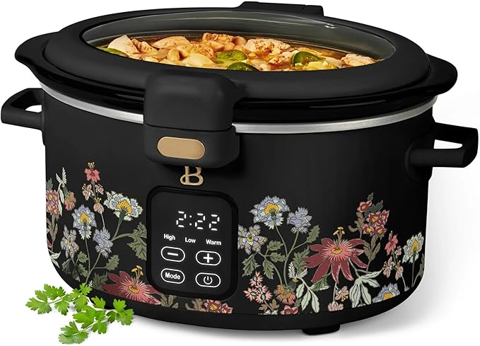 Beautiful 4-Qt Programmable Slow Cooker with Hinged Locking Lid & Touch Display – 3 Heat / 4 Timer Settings (Wildflower Black)