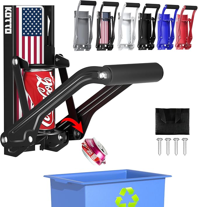 Kotto Can Crusher - Wall Mounted Can Crushers for Recycling - with Auto-Drop System -Built-in Bottle Opener-Crushes 8-16oz Cans-Includes Kitchen Storage Bag-Heavy Duty Can Crusher for Home Use-US Flag