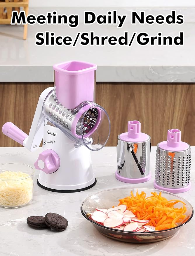 Geedel Rotary Cheese Grater, Kitchen Mandoline Vegetable Slicer with 3 Interchangeable Blades, Easy to Clean Rotary Grater Slicer for Fruit, Vegetables, Nuts
