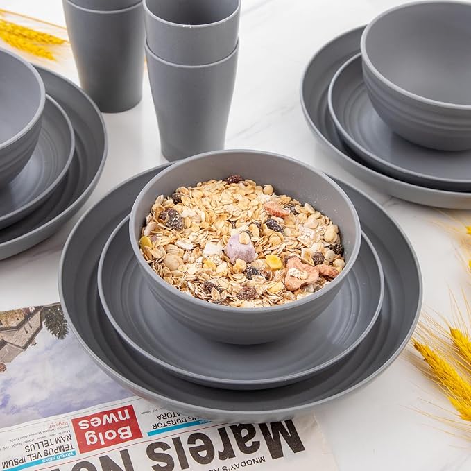 Supernal 32pcs Wheat Straw Dinnerware Sets,Unbreakable Dinnerware Sets for 8,Reusable Tableware,Dishes Set for 8,Plates and Bowls Set Dark Grey Include16pcs Plates, 8pcs Bowls, 8pcs Cups