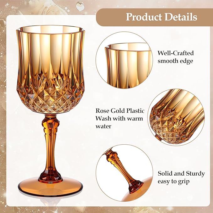 XUWAIDSGN 7oz Plastic Vintage Wine Glasses Drinking Glasses Unbreakable Wedding Glassware Crystal Water Goblets Reusable Drinkware Vintage Champagne Flutes (24, Brown)