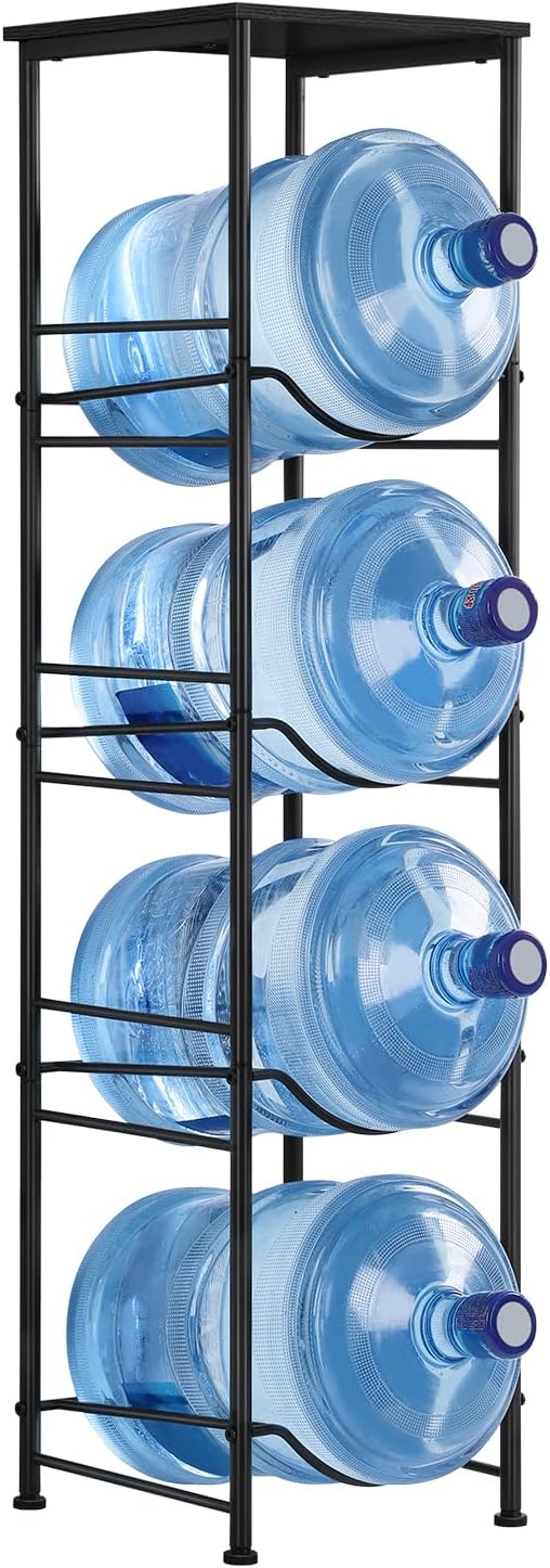 Vrisa Water Jug Holder 5 Gallon Water Jug Stand 4-Tier Water Gallon Holder Organizer with Storage Shelf 3/5 Gallon Water Jug Rack for Home Office Kitchen Black